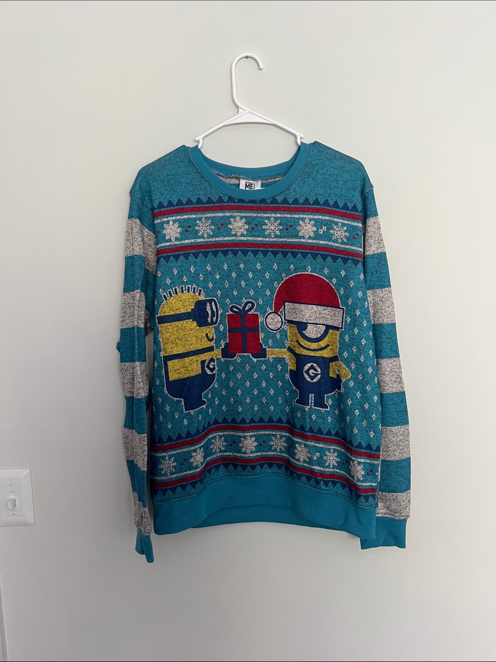 Teal Holiday Minions Knit Sweater with Gift Graphic